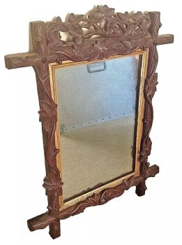 Antique Black Forest carved wood wooden mirror ivy leaves entwined around bark