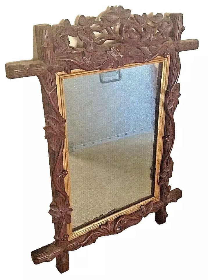 Antique Black Forest carved wood wooden mirror ivy leaves entwined around b