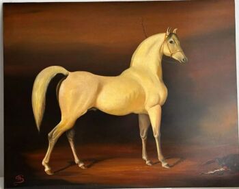 Antique Style oil painting on board white stallion Signed Anthony Skuse Bristol