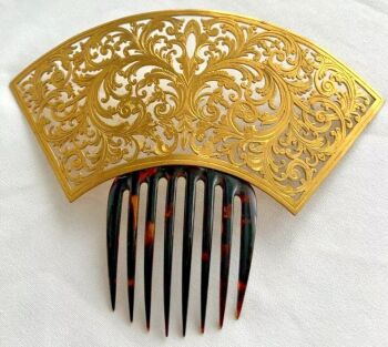 Antique large Victorian gilded gilt metal mantilla hair comb engraved fretwork