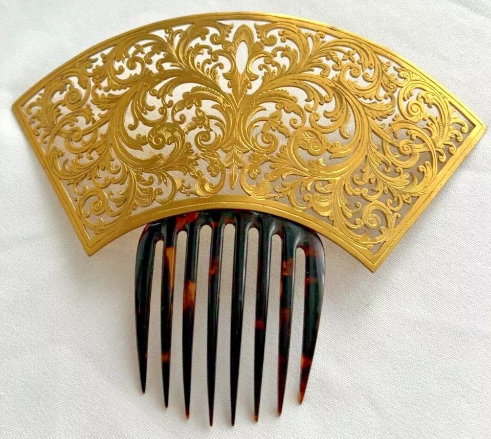 Antique large Victorian gilded gilt metal mantilla hair comb engraved fretw