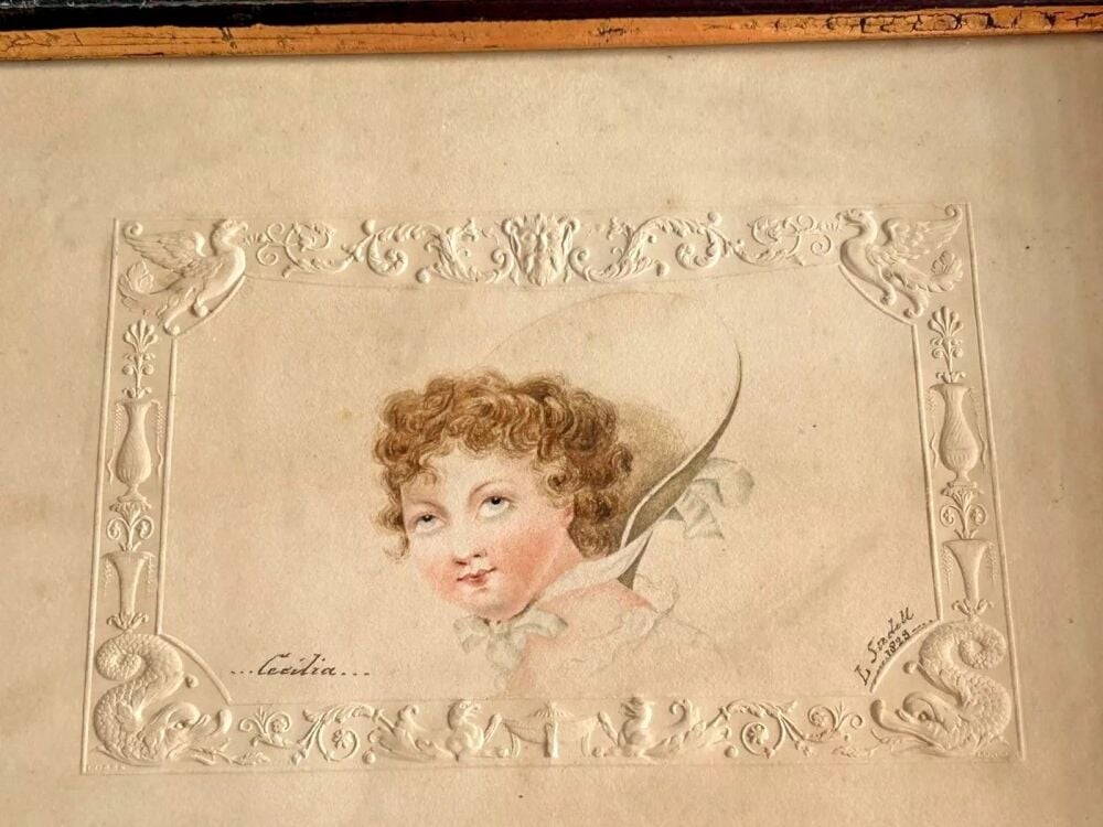 Antique Georgian watercolour Cecilia in her Bonnet signed L Saddell 1823