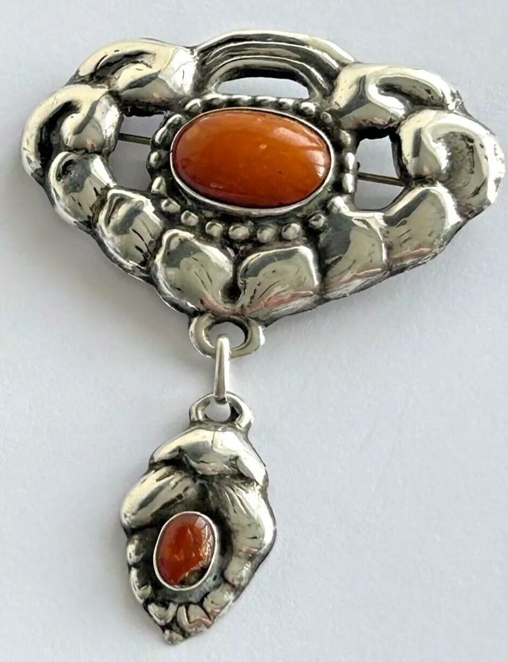 Antique sterling silver Arts Crafts Danish Skonvirke brooch pin Amber Signe