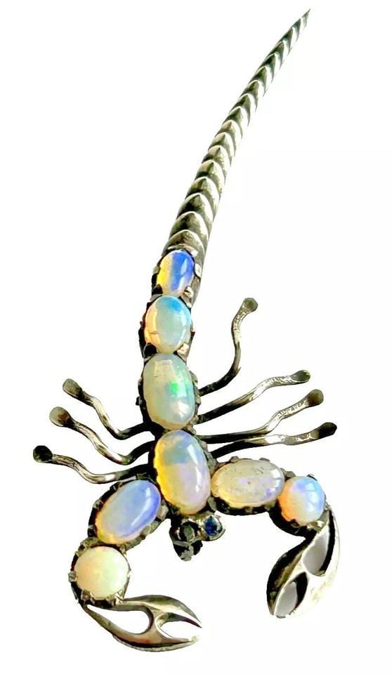 Antique vintage sterling silver brooch pin Scorpion opals opal