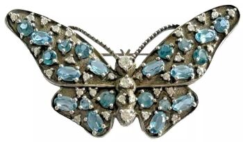 Vintage sterling silver Butterfly brooch pin blue white spinel stones