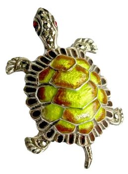 Sterling silver vintage brooch pin Marcasite enamel tortoise turtle garnet eyes