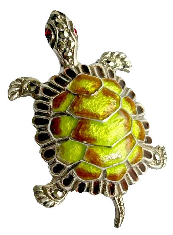 Sterling silver vintage brooch pin Marcasite enamel tortoise turtle garnet 