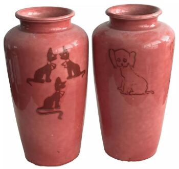 Antique painted pottery vases Zoo pottery William Johnston Dogs Art Deco
