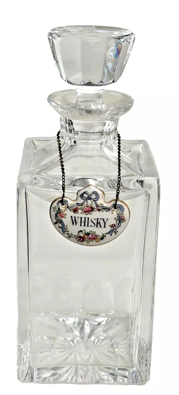 Vintage cut glass whisky spirit decanter china label heavy quality