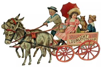 Antique advertising Sunlight Soap greeting card 3 D children in cart donkeys