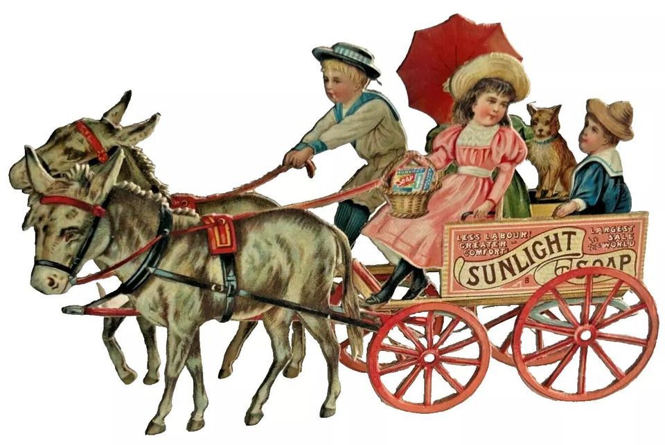 Antique advertising Sunlight Soap greeting card 3 D children in cart donkey