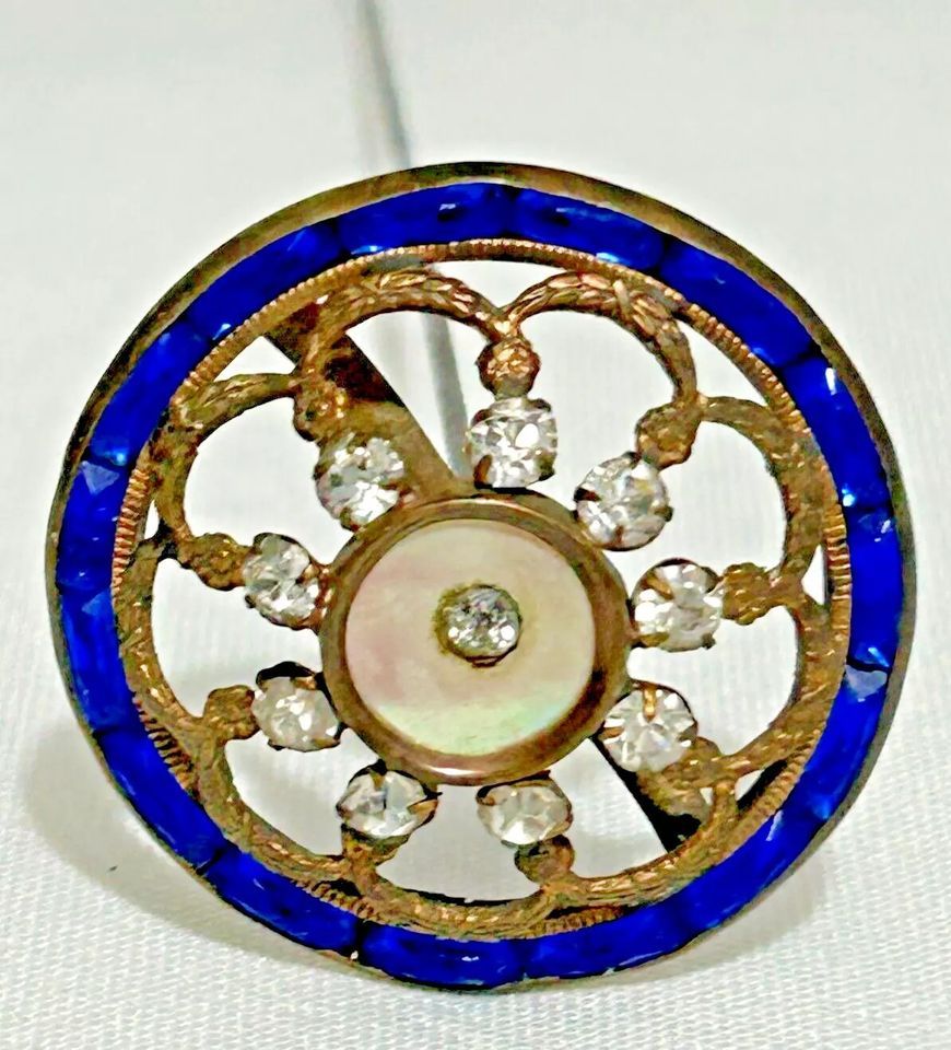 Antique long Edwardian hat pin blue paste hatpin mother of pearl diamante