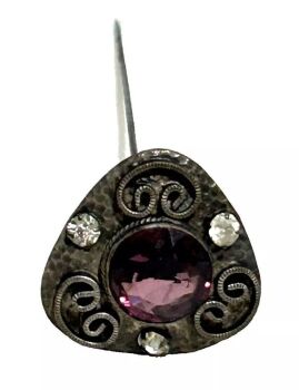 Antique Edwardian hat pin Amethyst paste hatpin diamante hammered finish