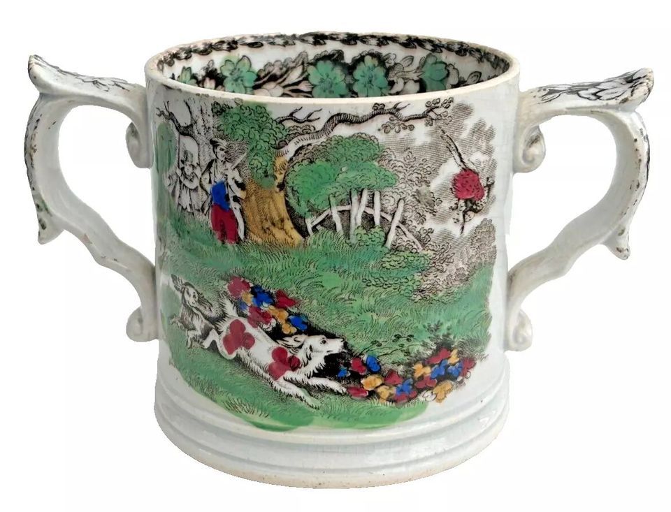 Antique Staffordshire 2 handled cider mug hunting scenes dogs