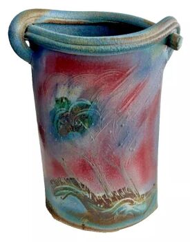 Vintage signed studio pottery vase pot Jim Robinson textured trees colors