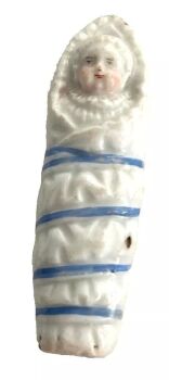 Antique rare Victorian china fairing Staffordshire whistle baby swaddling