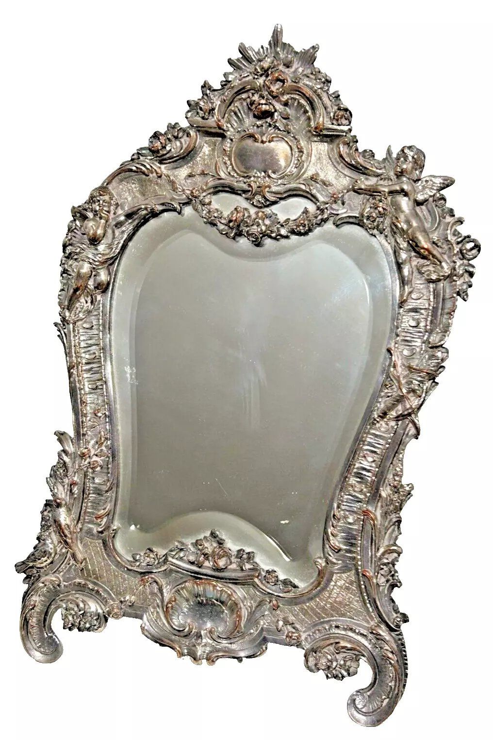 Antique silver plated French embossed bevelled table mirror cherubs shells 
