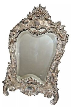Antique silver plated French embossed bevelled table mirror cherubs shells birds