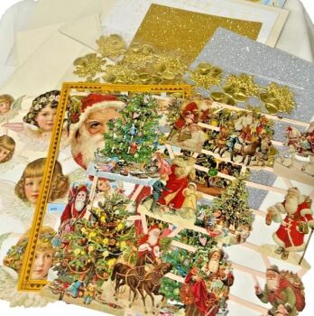 Decoupage scraps greeting card set Christmas Gold trims santa claus angels