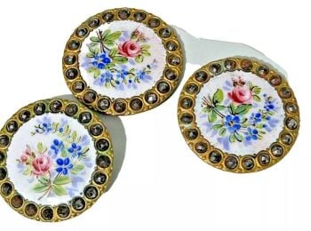 Antique enamel enamelled cut steel buttons button x 3 flowers rose forget me not