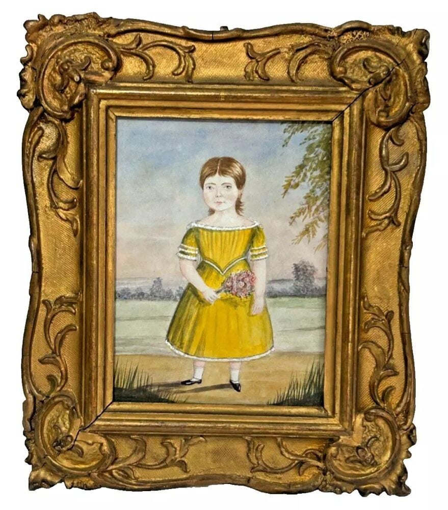 A Antique watercolour painting on paper Georgian little girl gesso gilt fra