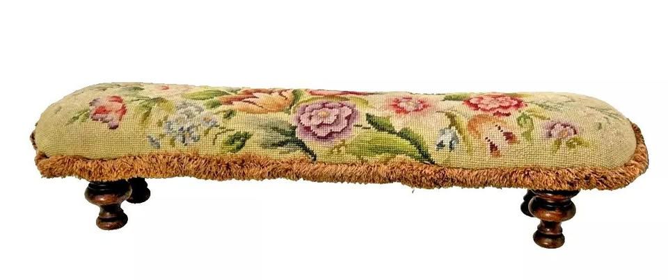 Antique Mahogany feet tapestry needlepoint embroidery embroidered footstool