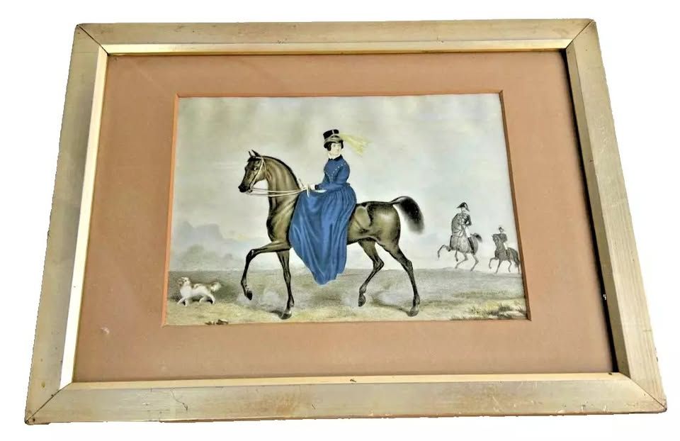 Antique 19th century Victorian print lady riding sidesaddle framed