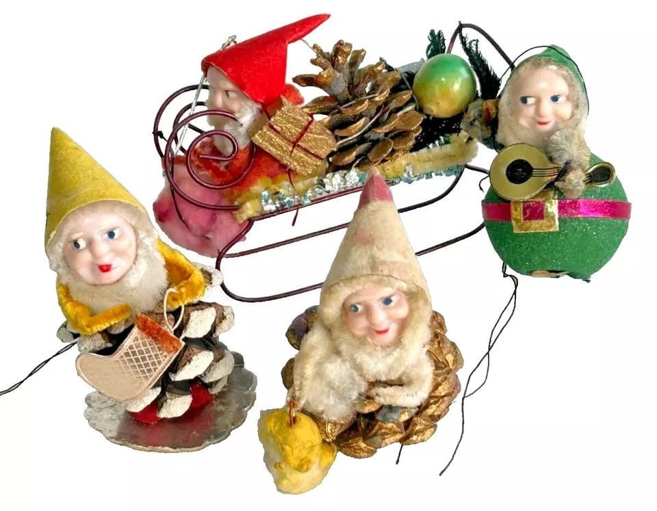 4 Vintage Antique Christmas tree ornaments gnomes elves pixies sleigh