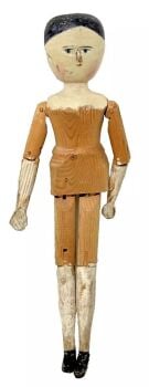 Antique carved wood large Grodnertal peg doll painted face hands legs