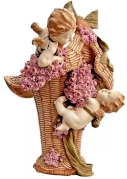 An Antique large Amphora basket vase cherubs flowers cupids putti Doulton style