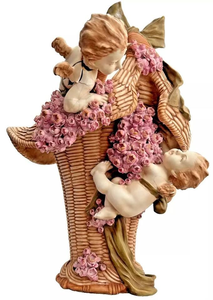 An Antique large Amphora basket vase cherubs flowers cupids putti Doulton s