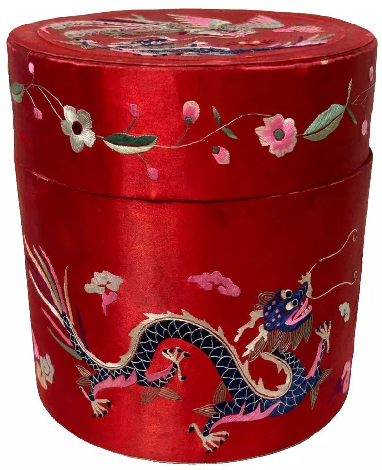 Antique red silk embroidered Chinese box dragon phoenix bird for T Pot ?