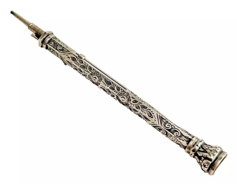 Antique engraved Sterling Silver retractable dip pen pencil Citrine Victori