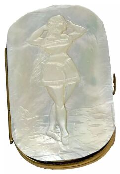 Antique Carved Victorian Mother of Pearl purse The Bather risque lady