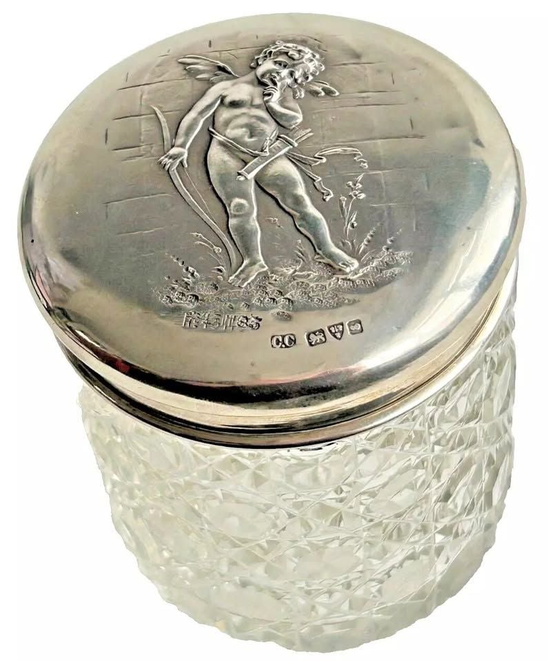 Antique Sterling silver cut glass trinket pot cherub cupid hallmarks 1905