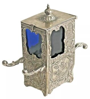 Antique hallmarked silver Viennese Sedan chair style open salt blue glass liner