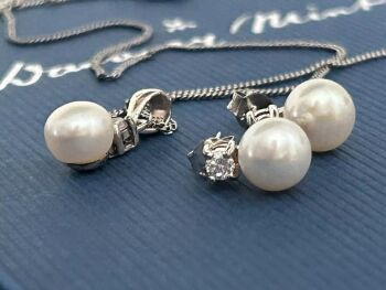 Danbury Mint sterling silver CZ earrings necklace chain pendant cultured pearl