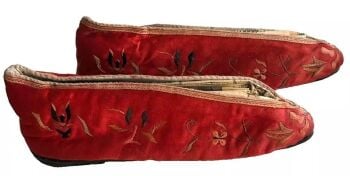 Antique bound foot feet Chinese red silk shoes embroidered lotus slippers