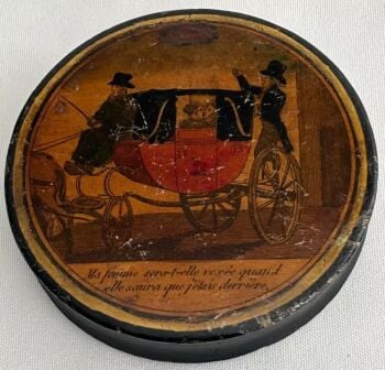 Antique Victorian papier mache courting couple carriage French verse snuff box