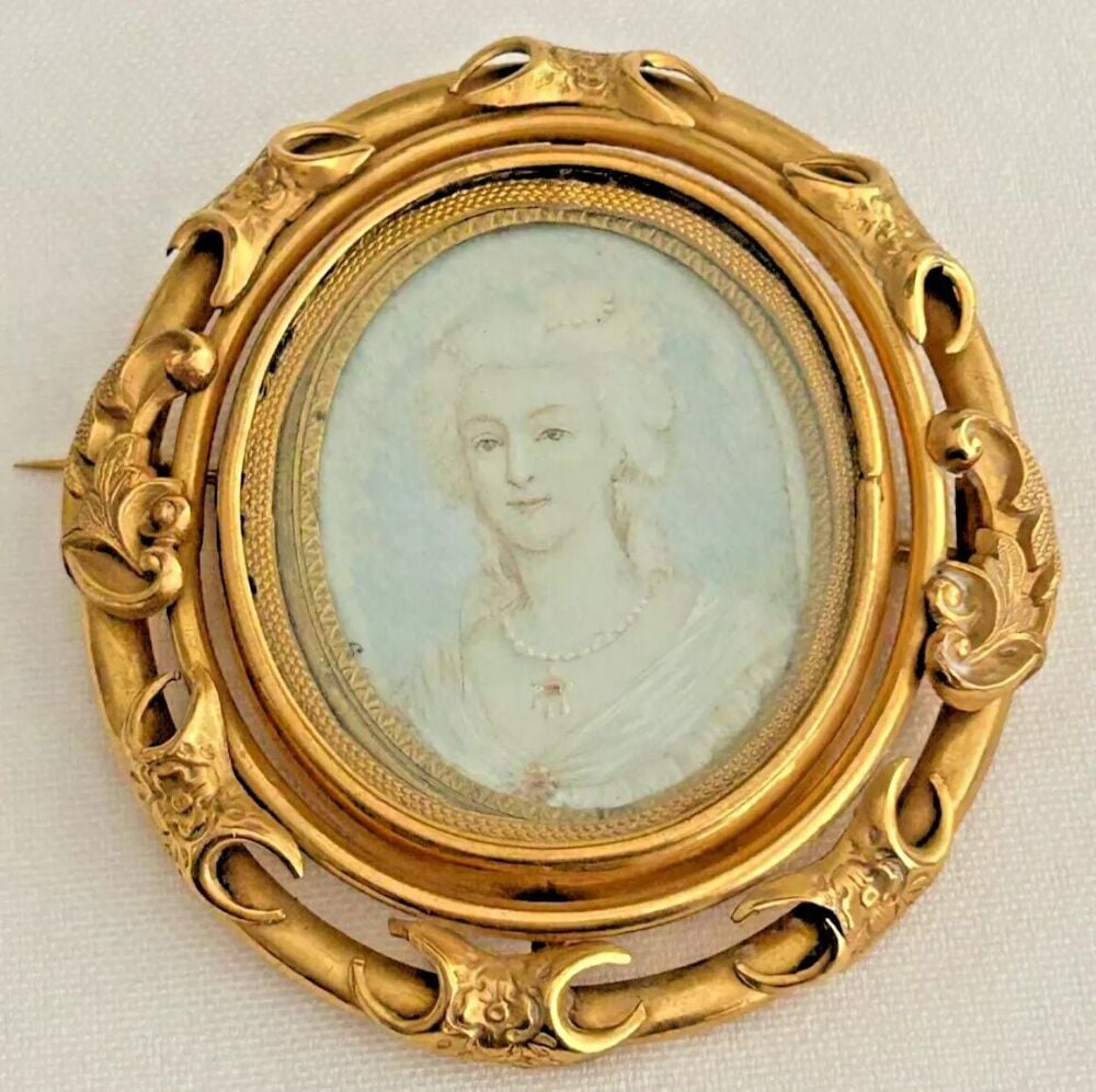 Antique large gilded Victorian swivel brooch miniature painting Georgian La