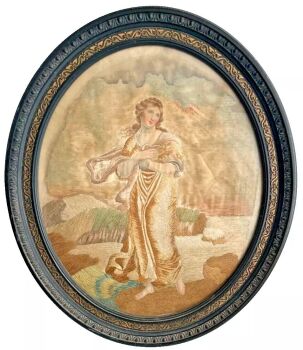 An Antique needlepoint embroidery on painted silk with shawl original frame picture