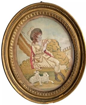 An Antique needlepoint embroidery on painted silk Shepherd original frame picture