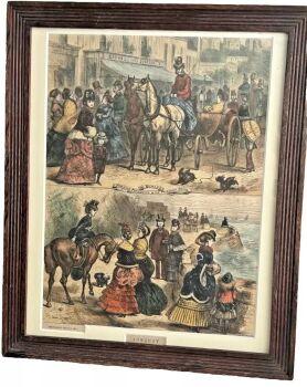 An Antique print Victorian Torquay C1870 Morning Promenade dress bonnet shoes horse