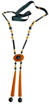 An Art Deco butterscotch Bakelite french jet flapper necklace silk cord