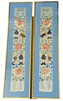 A pair of Antique embroidered Chinese Quing sleeves framed flowers urn blossoms