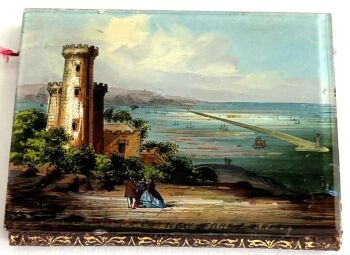 Antique Victorian needle case reverse painting glass Verre Eglomise mirror