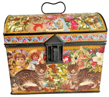 Antique dome top metal carry trunk Victorian style scrap decoupage decoration