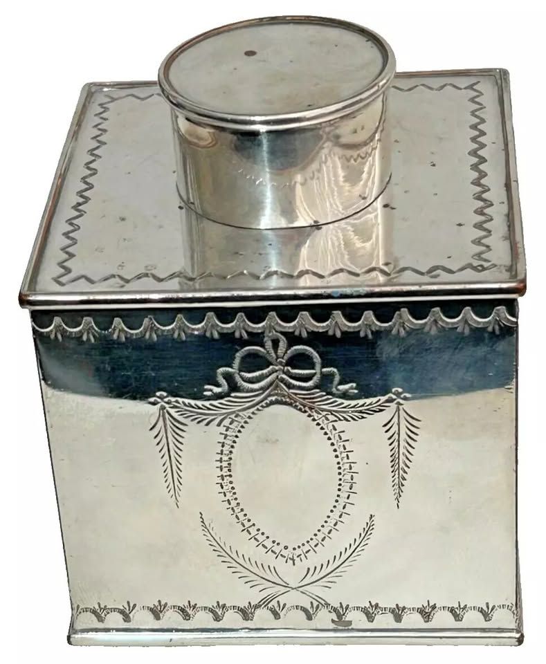 Antique silver plate plated tea caddy engraved decoration early Victorian