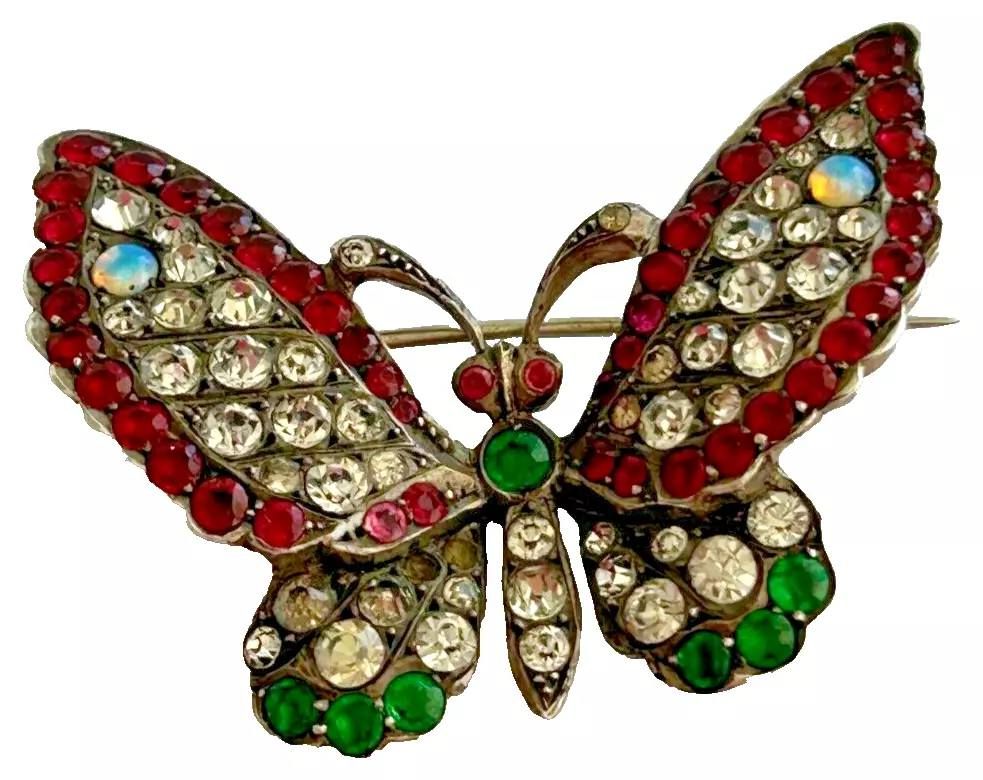 A Antique Sterling silver brooch pin butterfly opaline ruby red emerald col