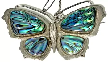 A Large vintage sterling silver butterfly brooch pin set carved Abalone shell